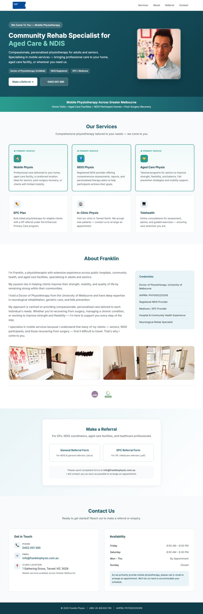 Franklin Physio website screenshot showing the homepage with service information and booking details